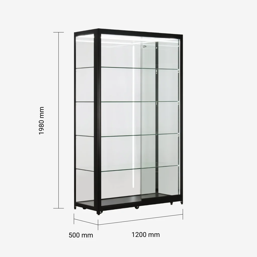 Black Glass Display Showcase 1200mm wide -DGS120B - Measurement