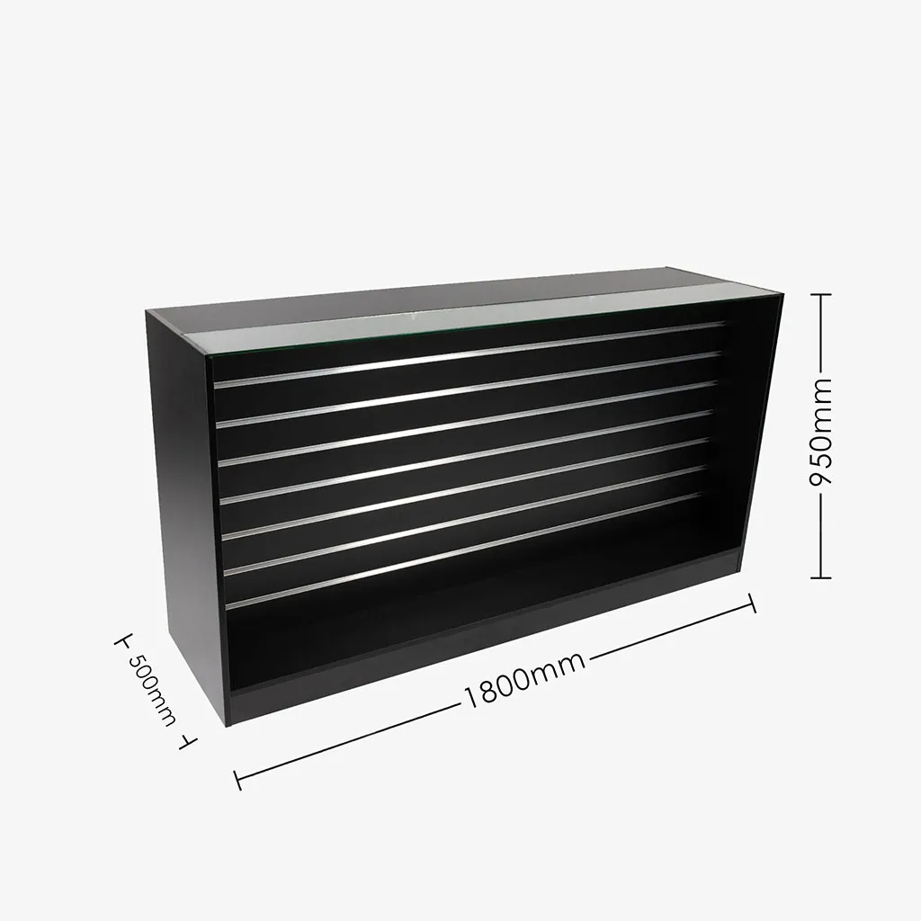 Retail Counter with Slatwall Face and Glass Top in Black, 1800mm