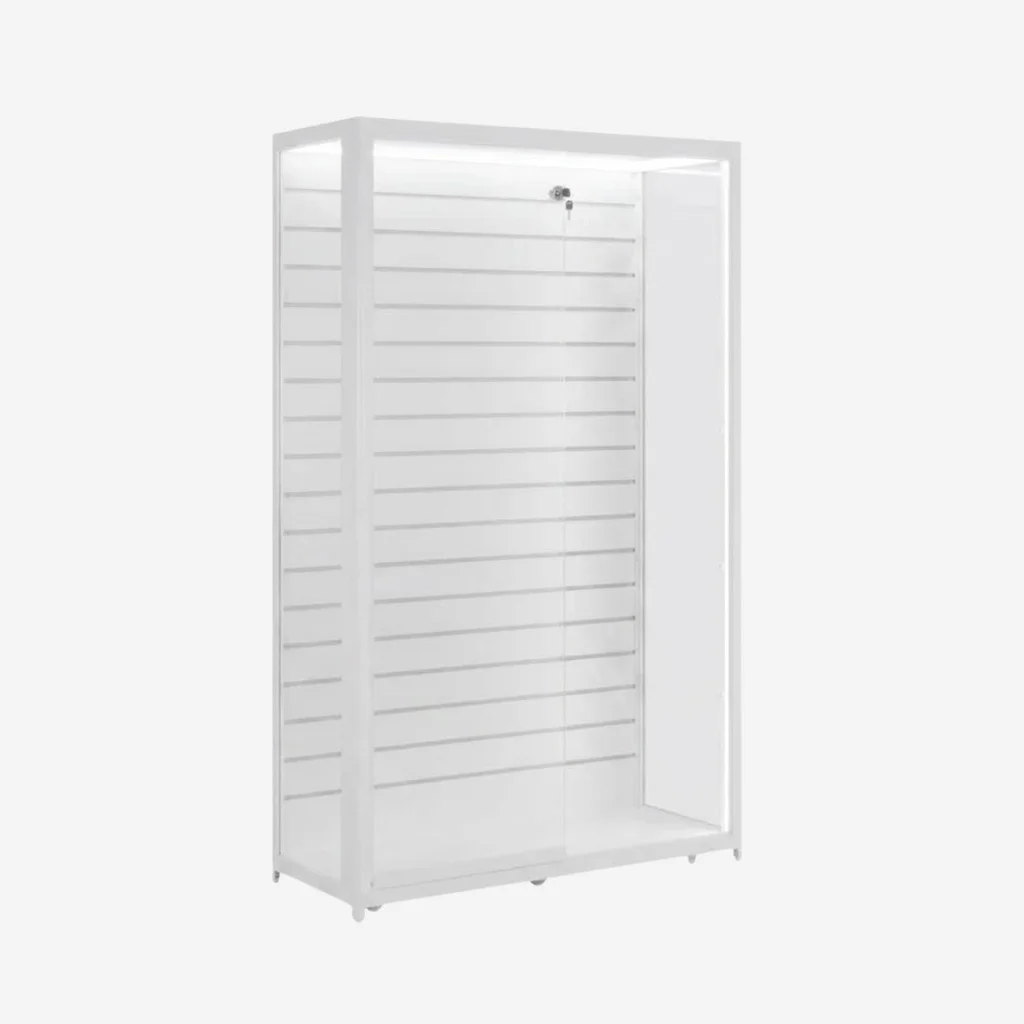 White Slatwall Glass Display Cabinet – 1200 W x 500 D x 1980mm H