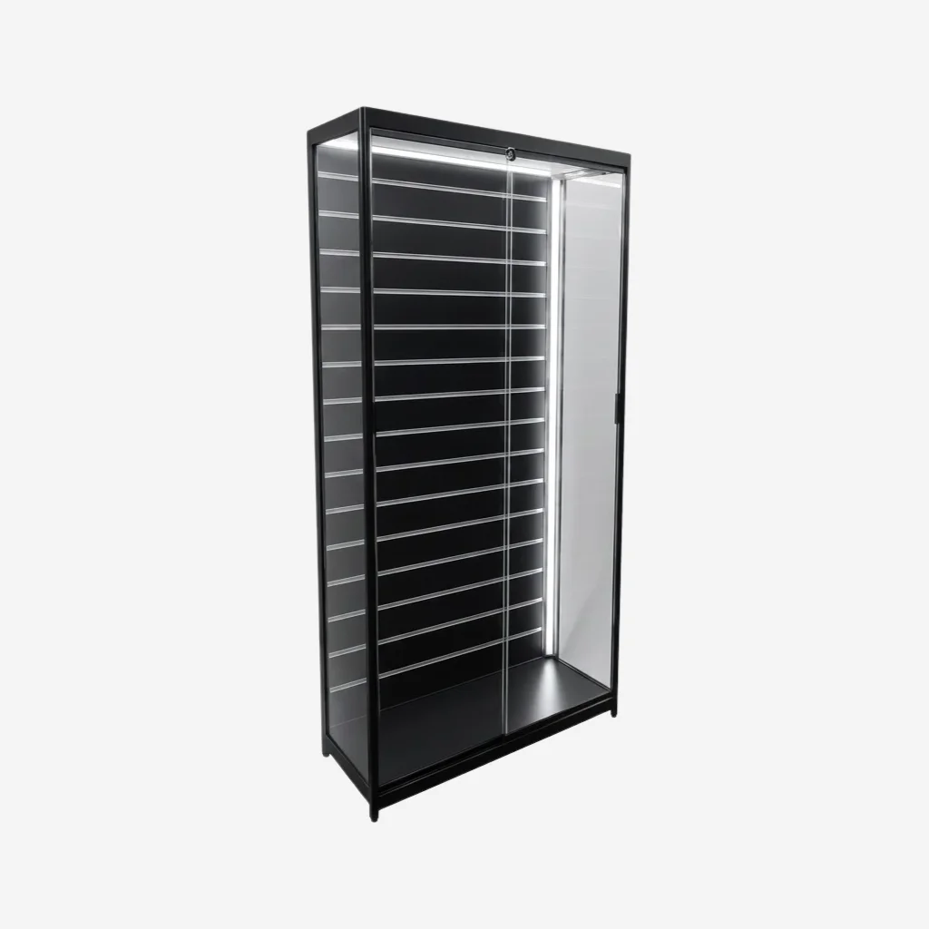 Black Slatwall Glass Display Cabinet – 900 W x 500 D x 1980mm H