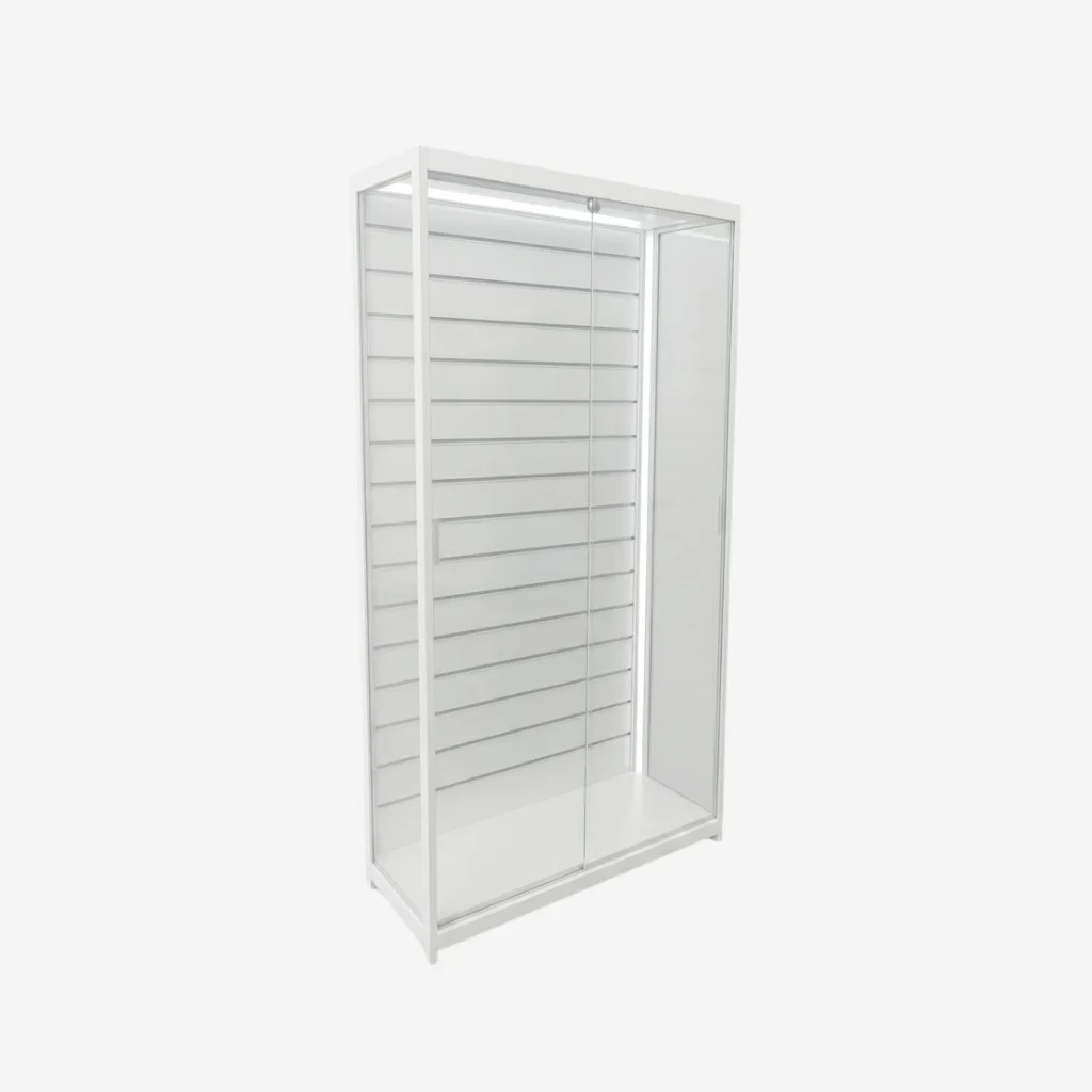White Slatwall Glass Display Cabinet – 900 W x 500 D x 1980mm H