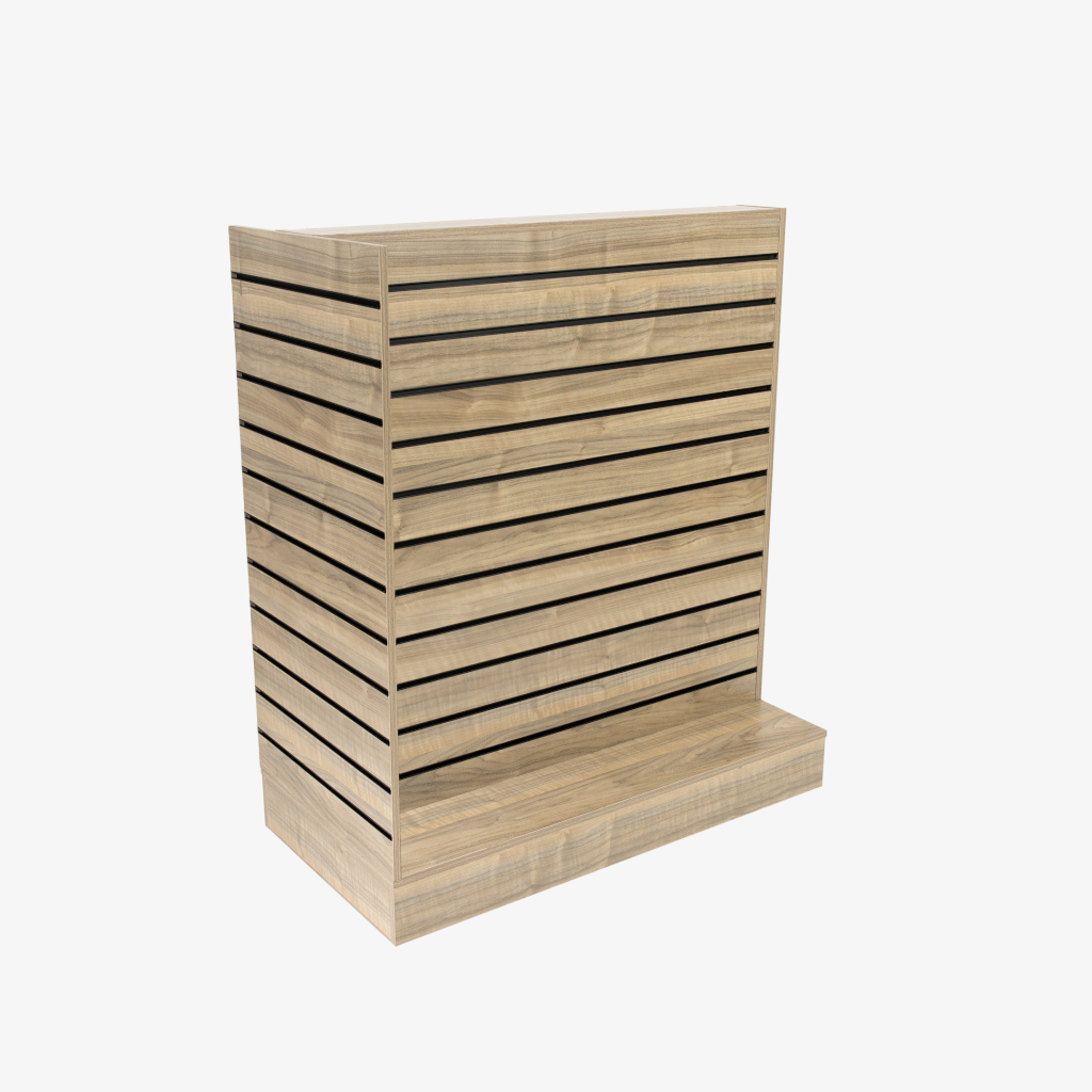 Walnut Double Sided End Bay Slatwall Gondola With Black Inserts.