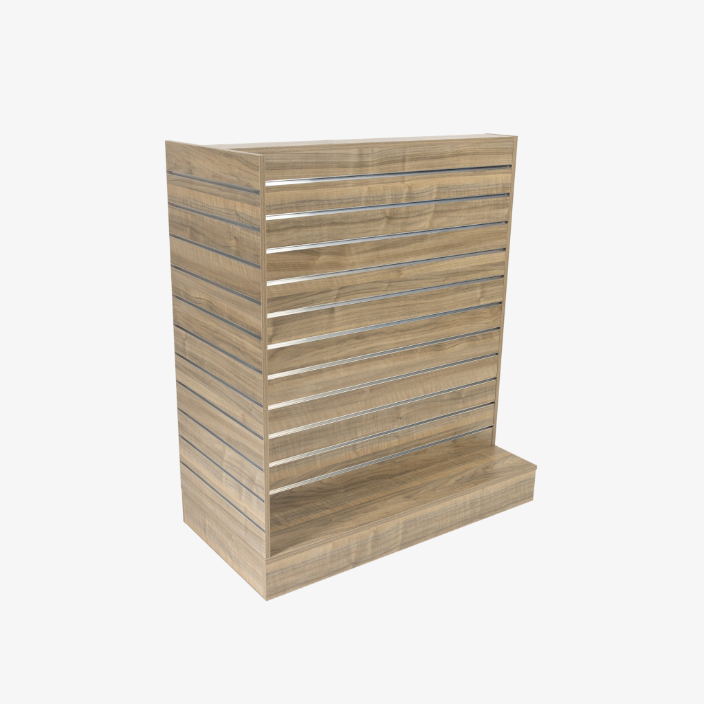 Walnut Double Sided End Bay Slatwall Gondola With Silver Inserts.