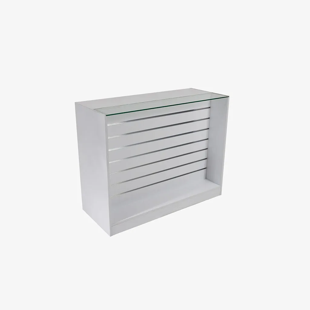 White Retail Counter with Slatwall Face and Glass Top, 1200mm
