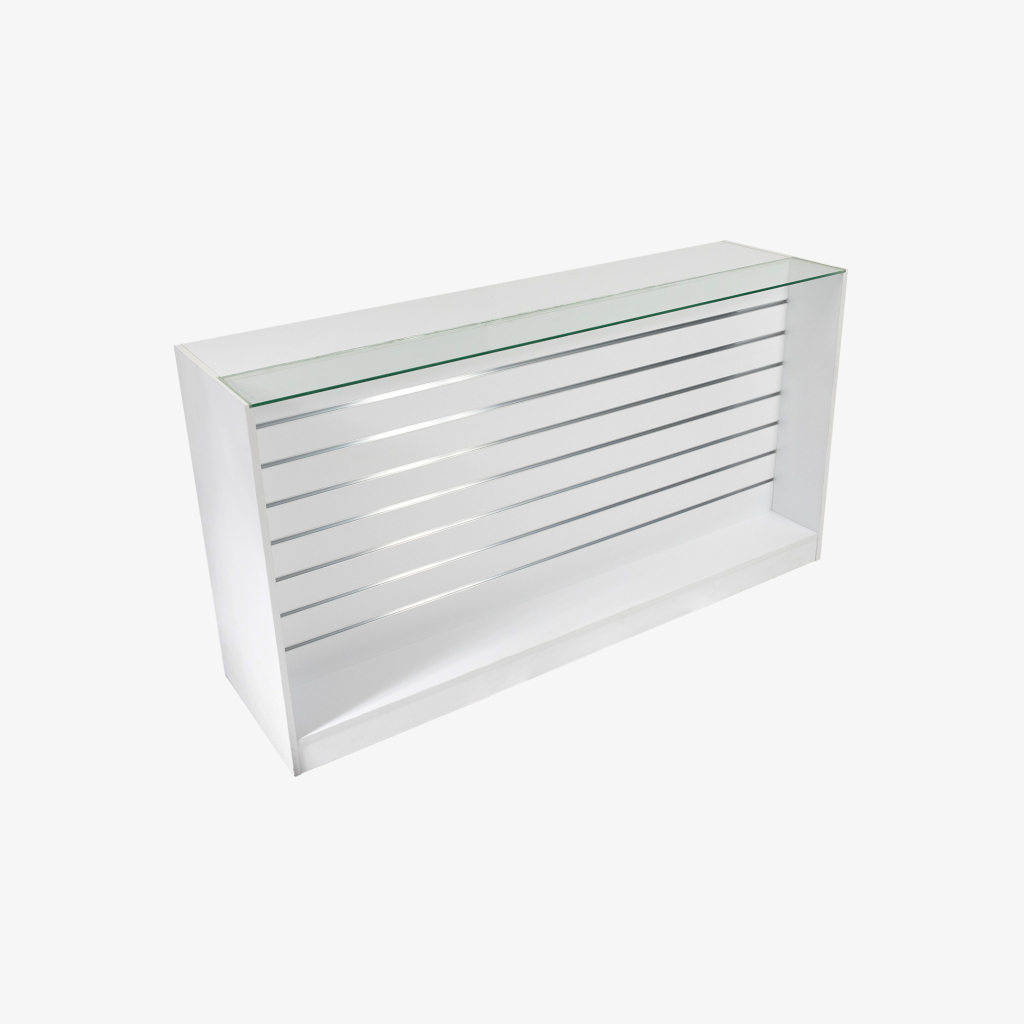 White Retail Counter with Slatwall Face and Glass Top, 1800mm