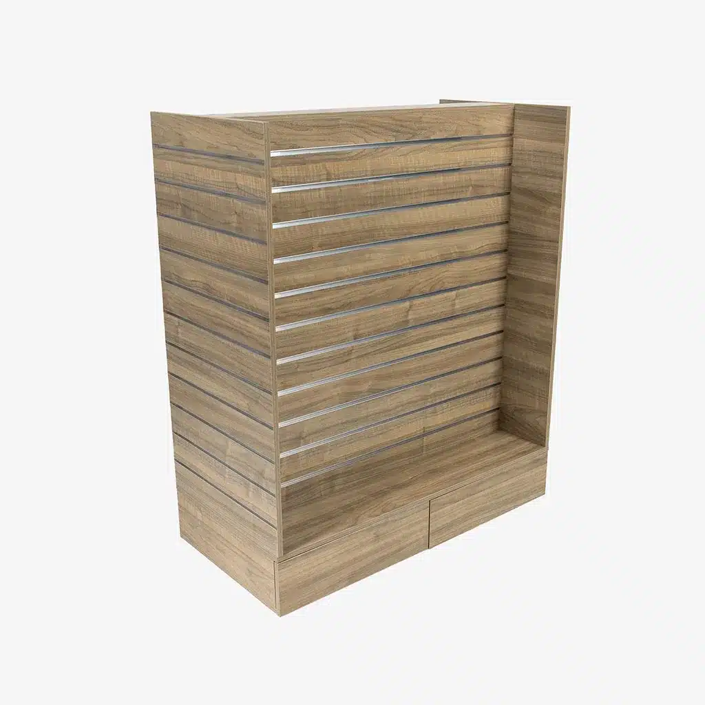 Walnut Double Sided H Frame Slatwall Gondola With Silver Inserts and Drawers