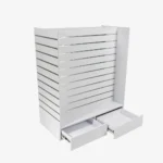 White Double Sided H Frame Slatwall Gondola With Silver Inserts and drawers