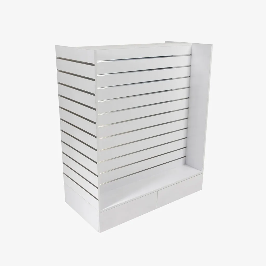 White Double Sided H Frame Slatwall Gondola With Silver Inserts and drawers