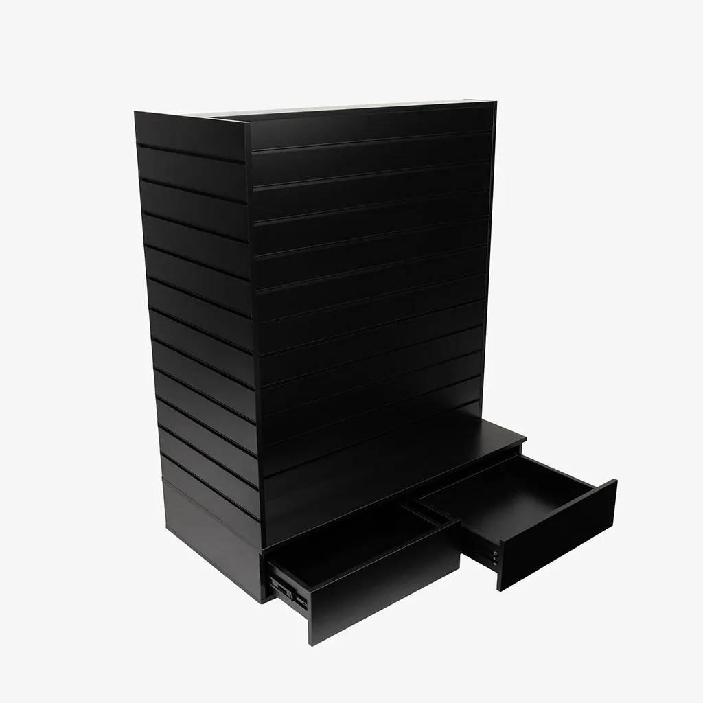 Black Double Sided End Bay Gondola with Drawers and Black Inserts.