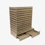 Walnut Double Sided End bay Slatwall Gondola With Black Inserts and Drawers.