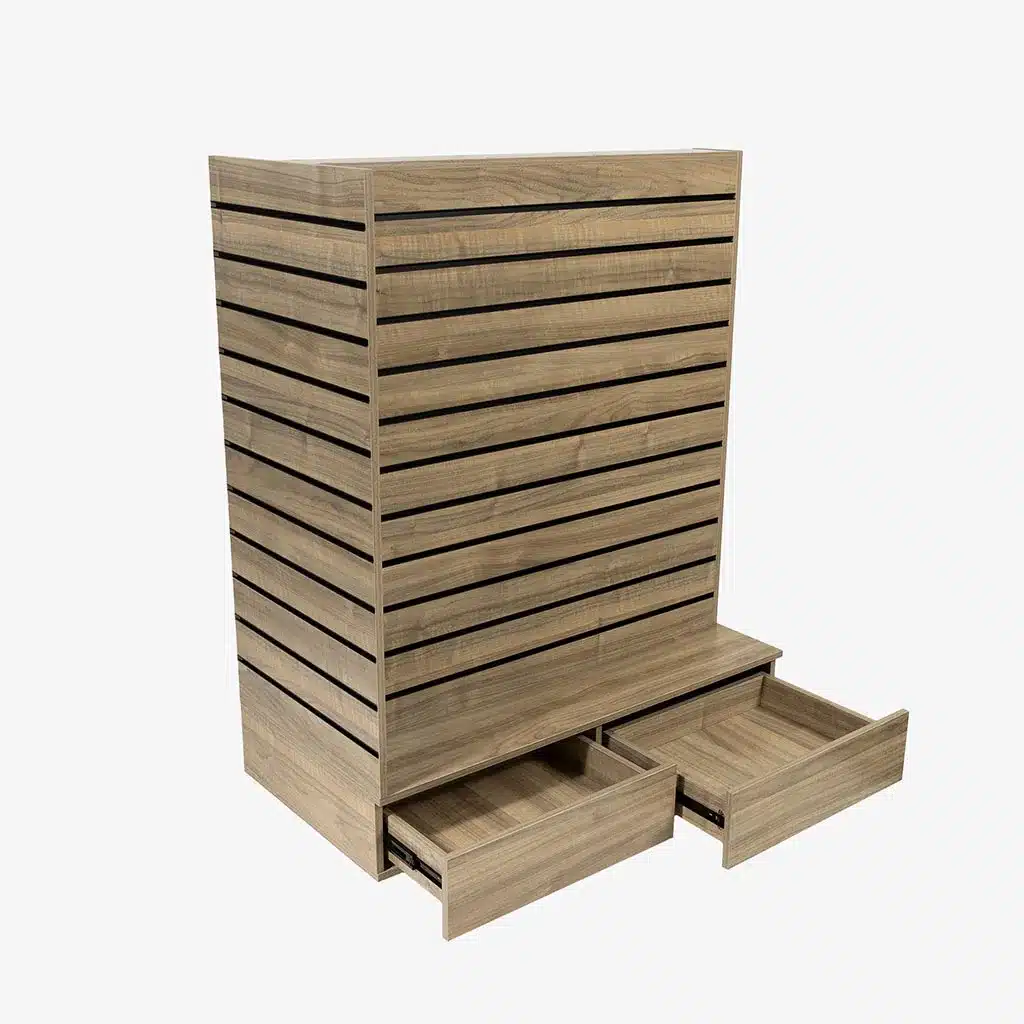 Walnut Double Sided End bay Slatwall Gondola With Black Inserts and Drawers.