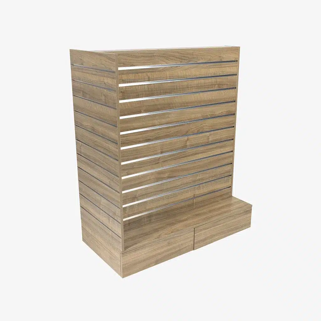 Walnut Double Sided End bay Slatwall Gondola With Silver Inserts and Drawers.