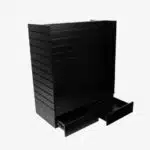 Black Double Sided H Frame Slatwall Gondola With Black Inserts and Drawers.