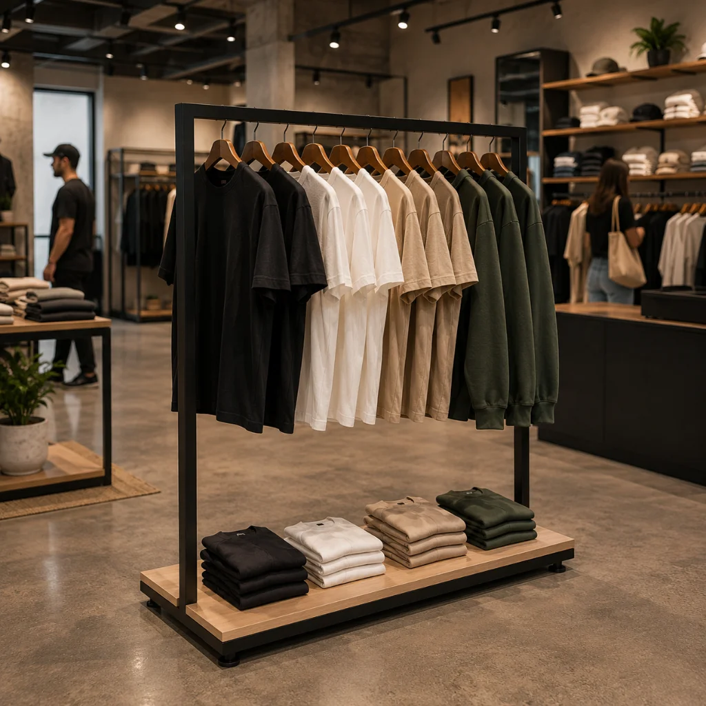Clothes on a premium high quality rack in a retail store.