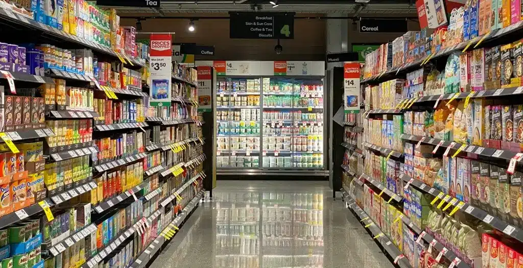 Convenience Store Double Sided Slatwall Panel Gondola Display Shelving